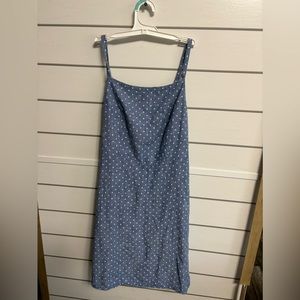 Light Jean blue texturized dress with white polka dots. Size M